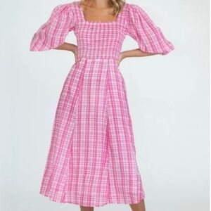 Olivia James The Label Bridget Pink Gingham Smocked Puff Sleeve Dress Size Small
